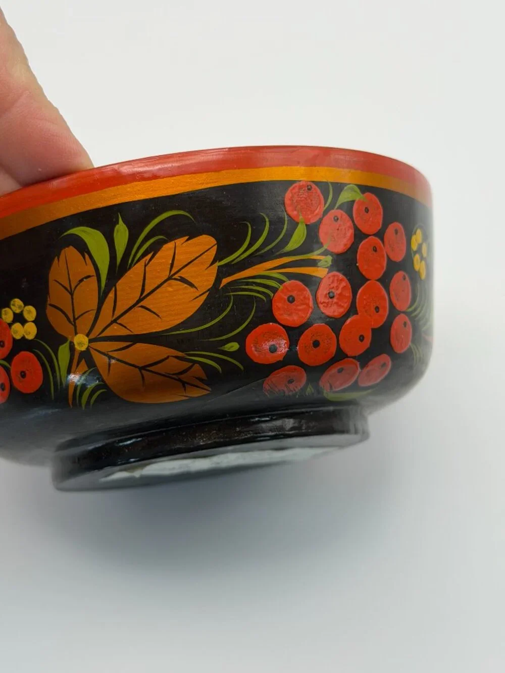 Vintage Russian Khokhloma Hand Painted Wooden Lidded Bowl Folk Art Black Red